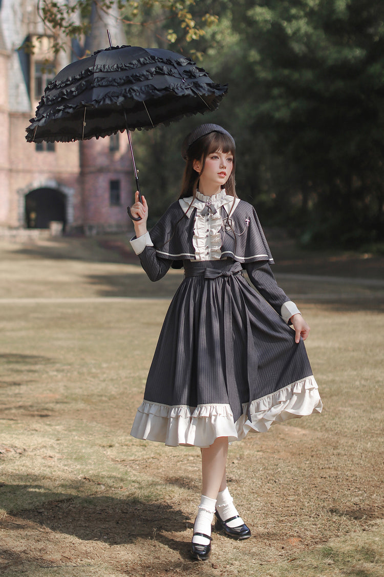 Striped Ruffle Bowknot Long Sleeve College Style Lolita Dress Dark Blue