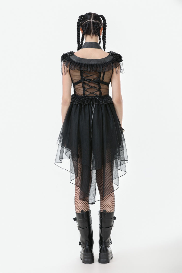 Layered Ruffled Sheer Mesh Punk Dress with V-Neck
