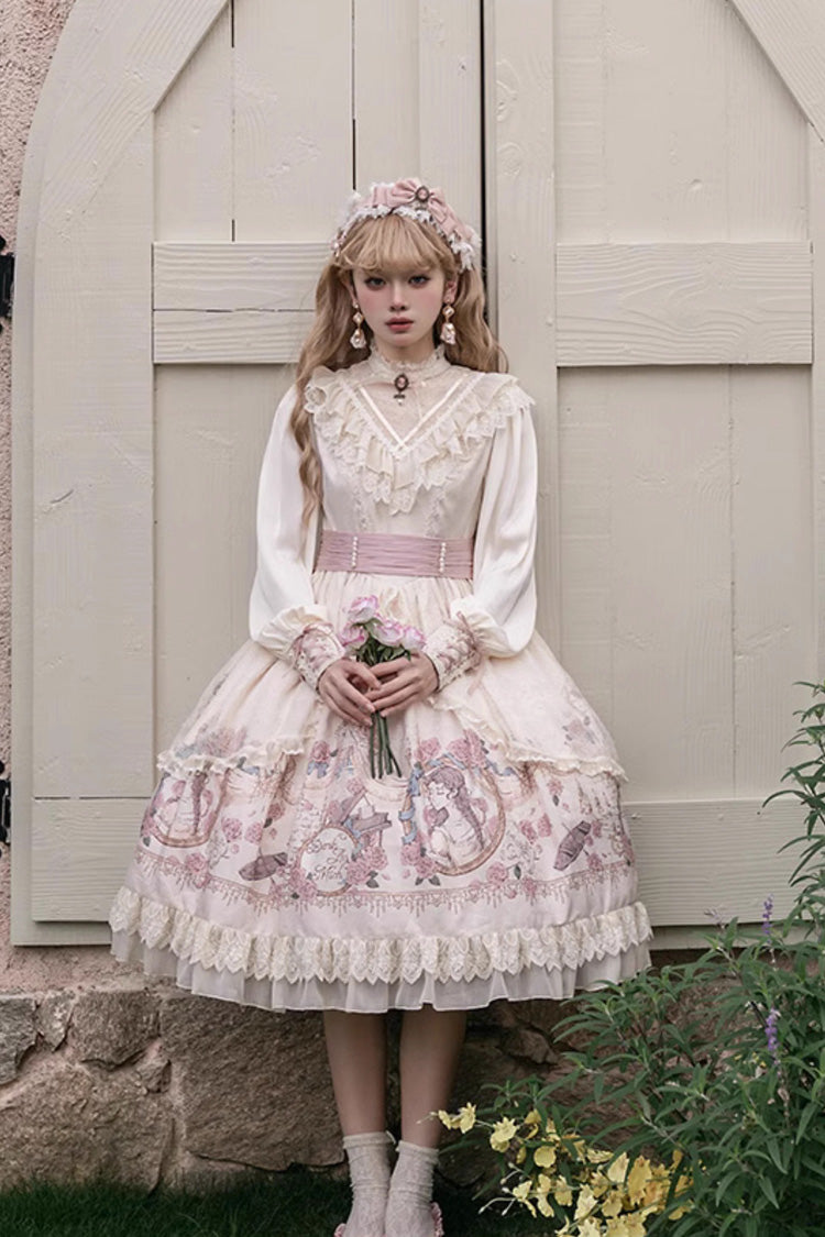 Apricot Rose Prologue Print Long Sleeve Ruffle Sweet Elegant Lolita Dress