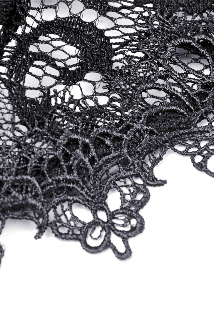 Jet-Black Gothic Cape with Sheer Floral Lace and Lacing for Women
