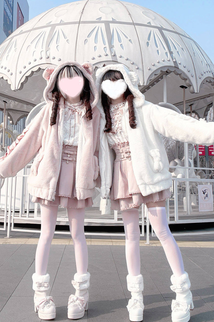 Sleepy Bear Fluffy Japanese Jirai Kei Coat with Bow and Lace-Up