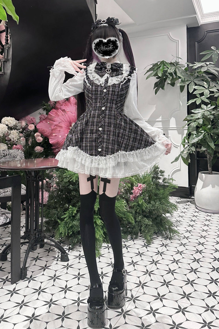 Black Plaid Print Ruffle Bow Lace Sweet Jirai Kei Dress with Shorts