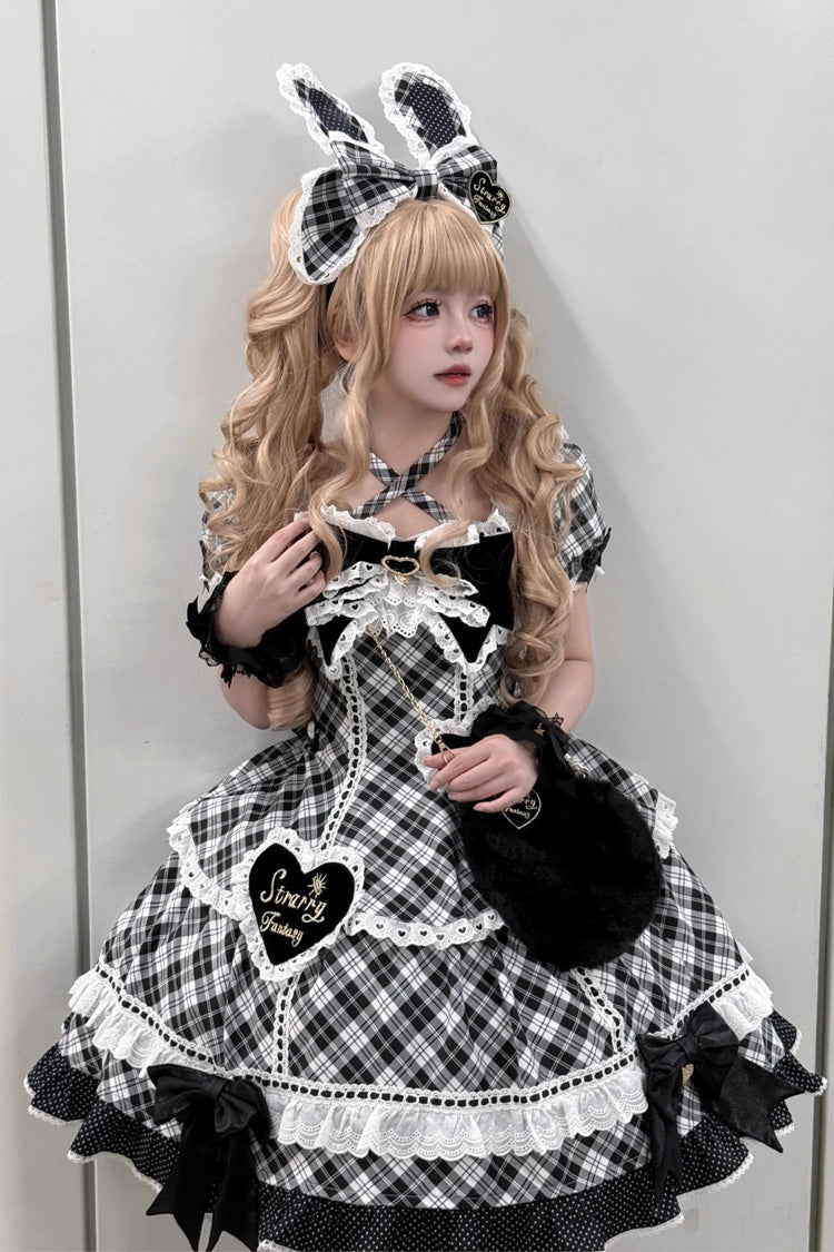 Sweet Lolita OP Dress with Plaid Print and Ruffle Bow Knot