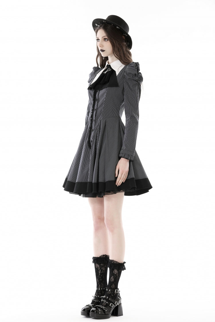 Lapel Collar Long Puff Sleeves Striped Preppy Gothic Dress
