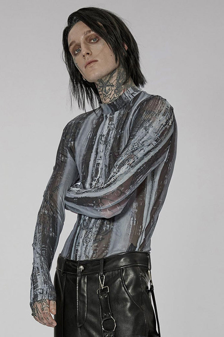Tech-print High Collar Fitted Long Sleeve Shirt - Punk