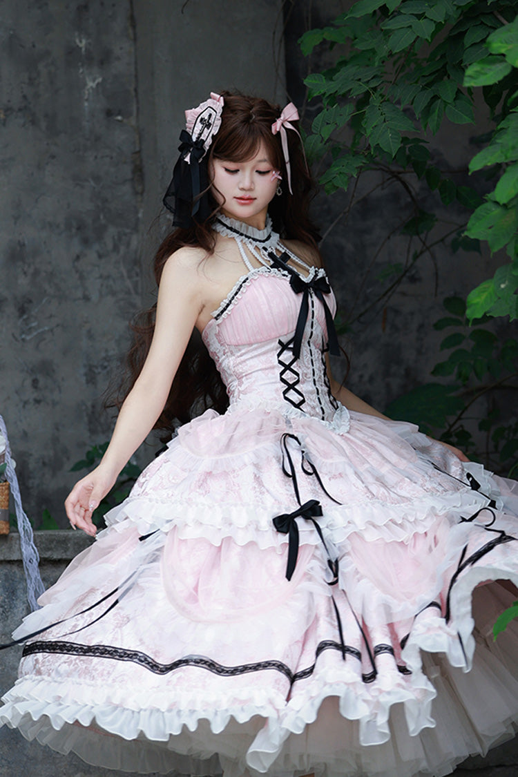 Pink Cross Halterneck Lace-Up Sweet Lolita Dress - Princess Ruffled Bowknot