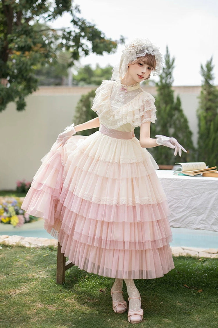 Sweet Lolita Dress with Edwardian Collar and Ombre Ruffles - Pink