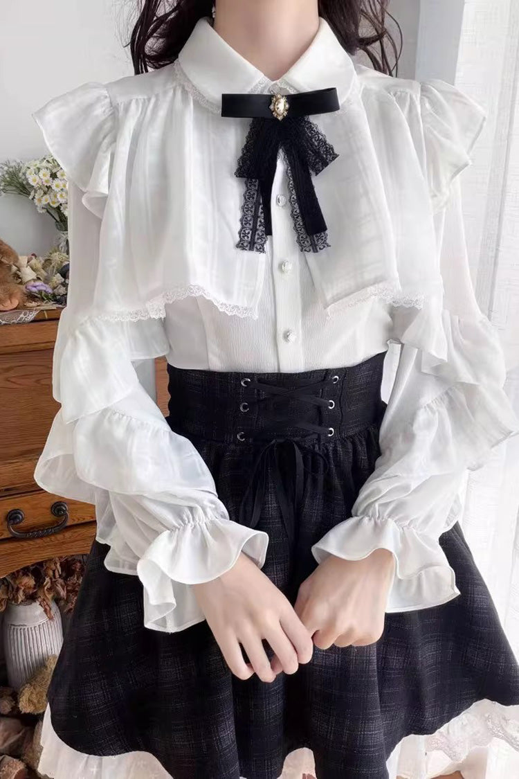 Black/White Long Sleeves Plaid Printed Lace Lace-Up Sweet Jirai Kei Skirt Set
