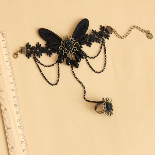 Gothic Lolita Retro Black Lace Ring and Bracelet Jewelry Set
