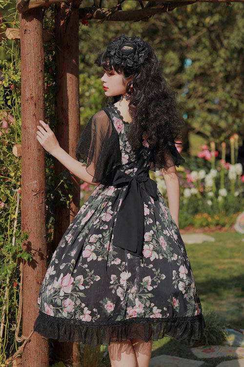 Black French Rose Print Square Collar Ruffled Classic Lolita OP Dress - Altfashion Shop
