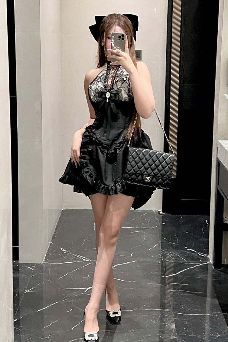 Black Asymmetric Lace Skirt Set - Ruffle Bow Gothic