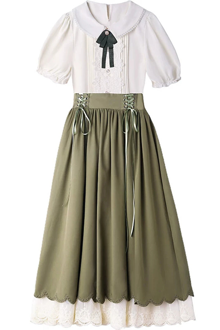 Lapel Collar Short-Sleeve High-Waisted Lace-Up Wave Hem Lolita Two-Piece Set, 7 Colors