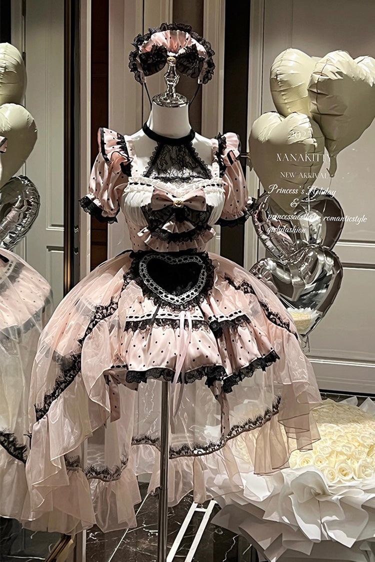 Pink Halterneck Short Sleeve Print Ruffle Bow Maid Dress