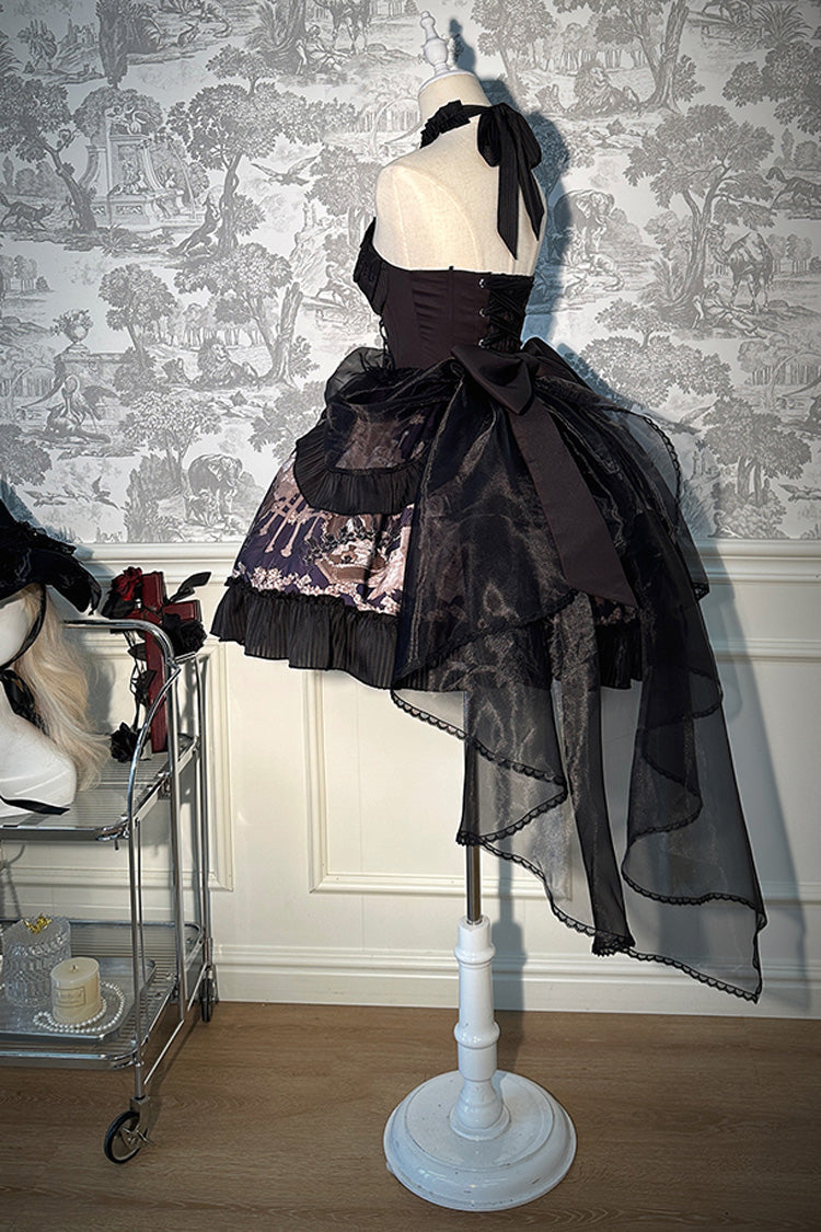 Black The Mystery of The Doll Halterneck Printed Ruffle Bowknot Drawstring Gothic Lolita Dress