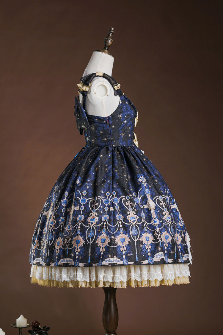 Blue/White Stone of Eden Triple-Layer Print Ruffle Ribbon Lace Elegant Girly Lolita JSK Gown
