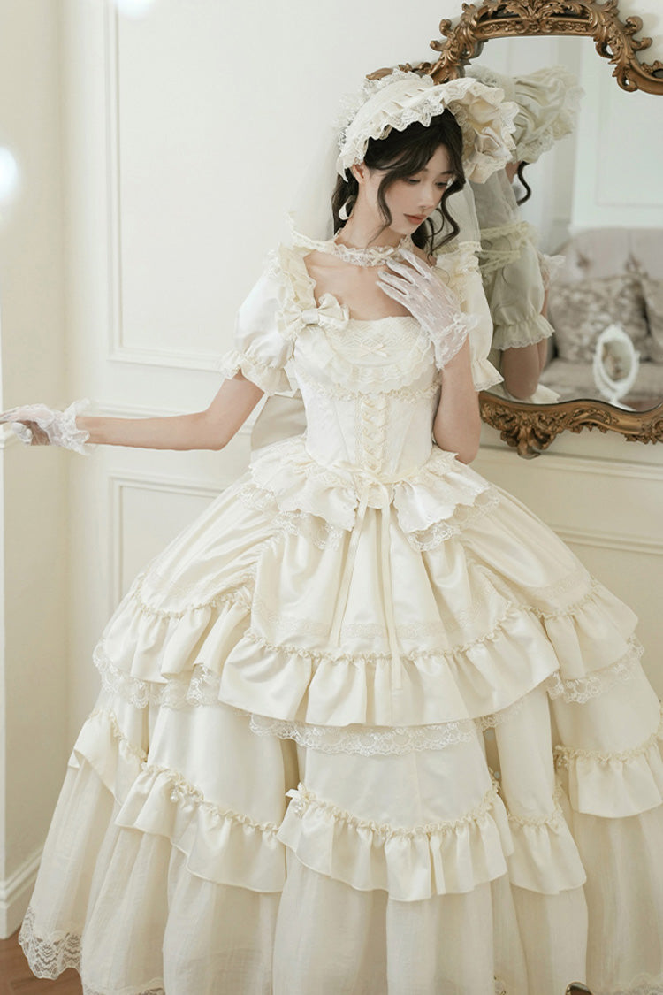 Ivory Square Neck Ruffle Bridal Bow Elegant Gown