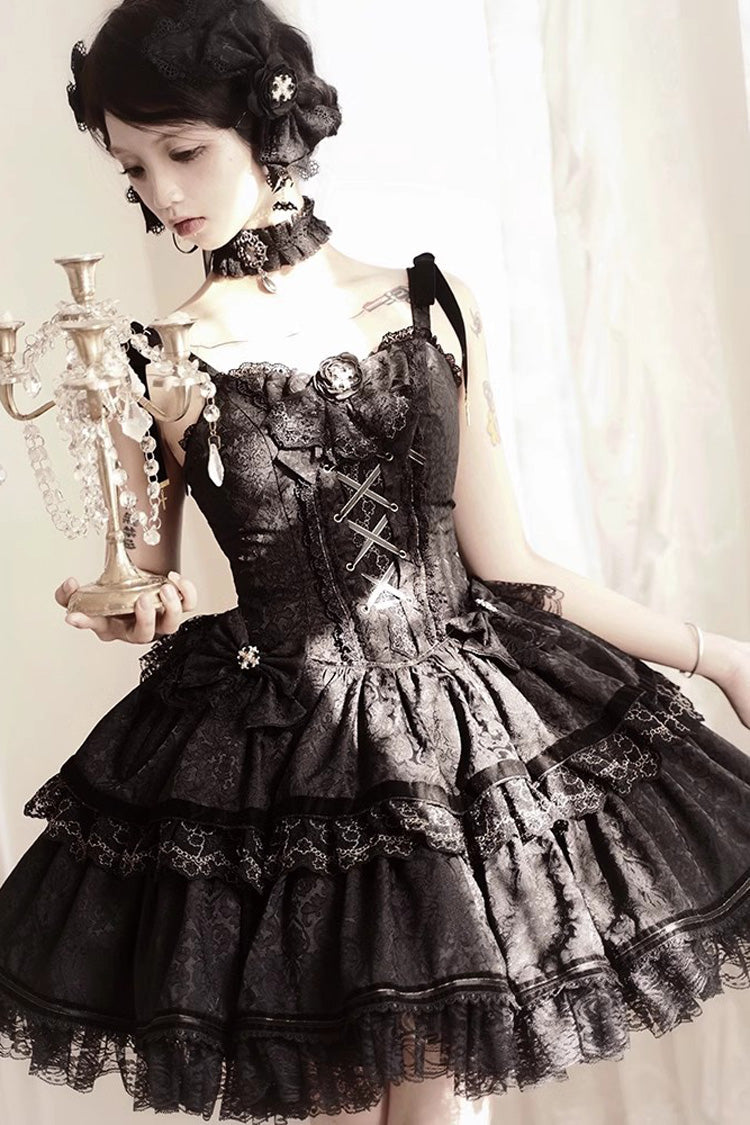 Black Gothic Ballet Lolita JSK Double Layered Lace Ruffled