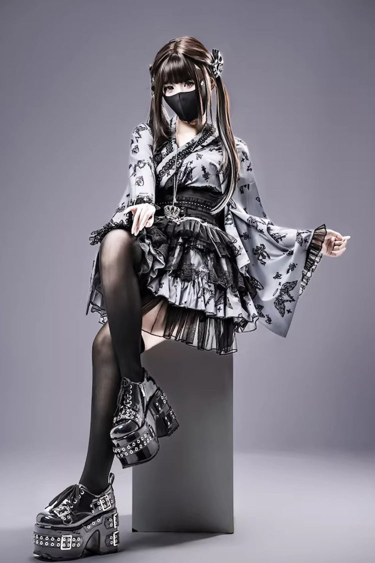 Studded Ruffled Lace Print Gothic Jirai Top and Skirt Set in Three Shades