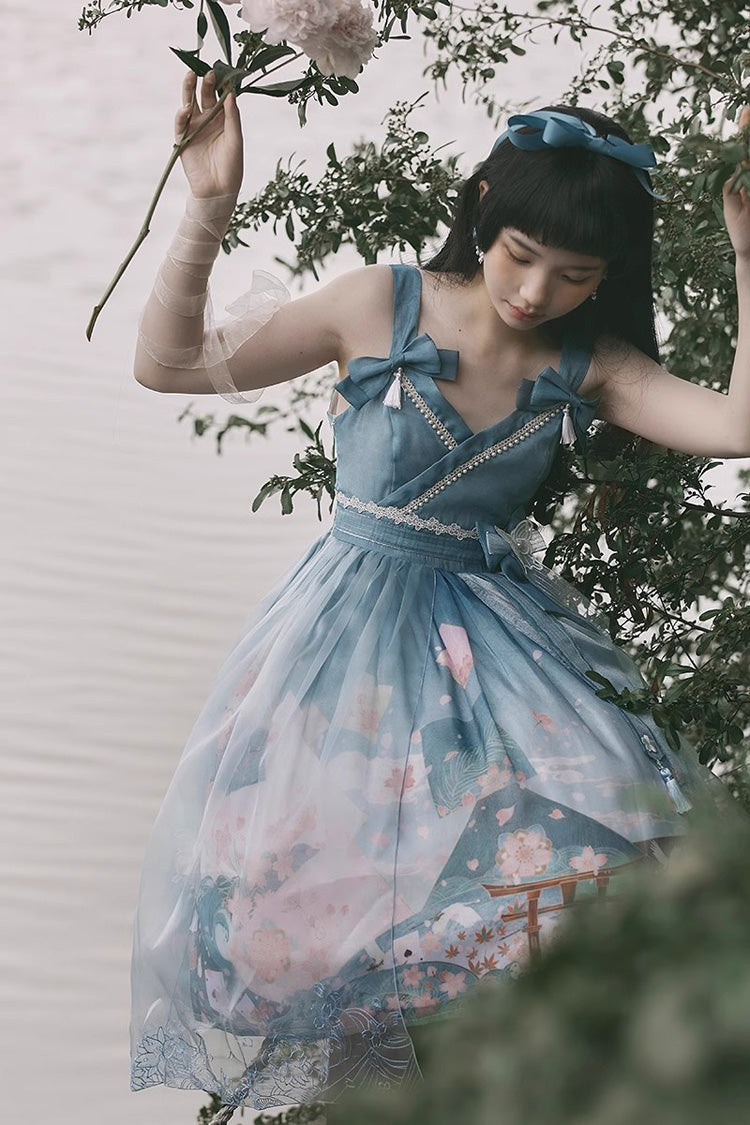 Multicolor Mount Fuji Cherry Blossom Printed Bow Alice Sweet Lolita JSK