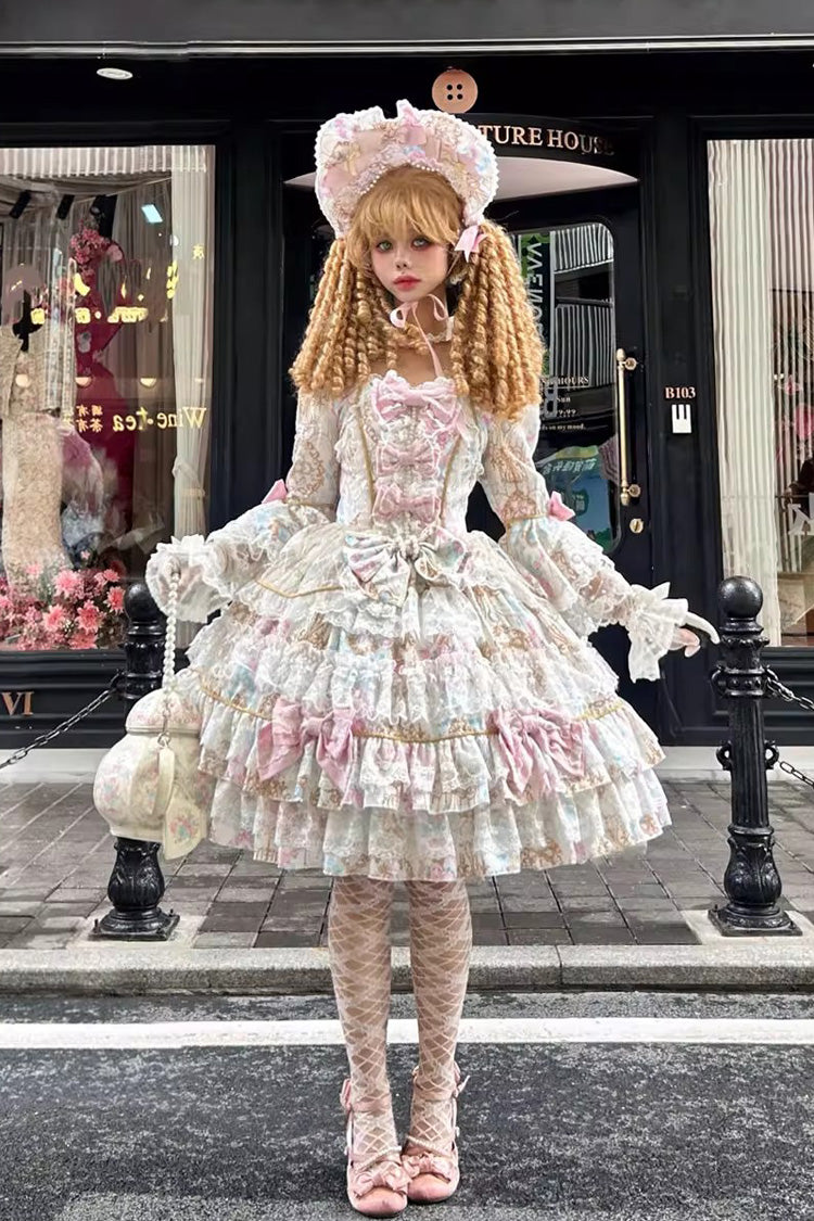 Elegant Apricot Trumpet Sleeve Layered Ruffle Bow Lace Lolita Gown