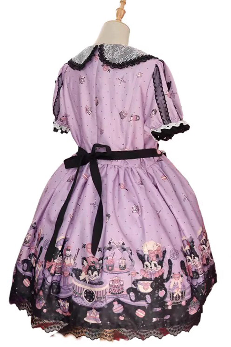 Devil Cat Violet Print Ruffle Bowknot Lace Gothic OP Dress Plus Size - Devil Cat