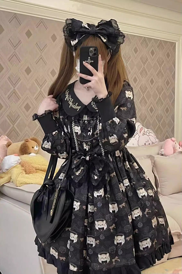 Black Long Sleeve Print Bow Sweet Plus Size College Style Lolita Dress