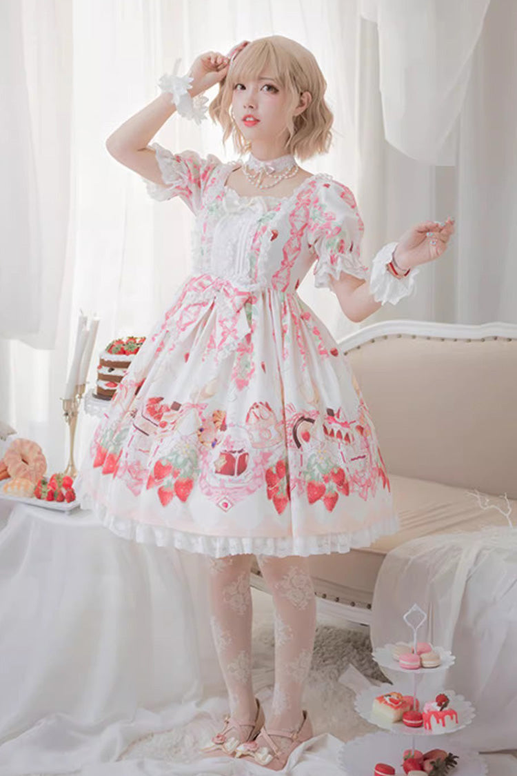 Short-Sleeve Ruffled Bow Sweet Dress with Print - Strawberry Feast