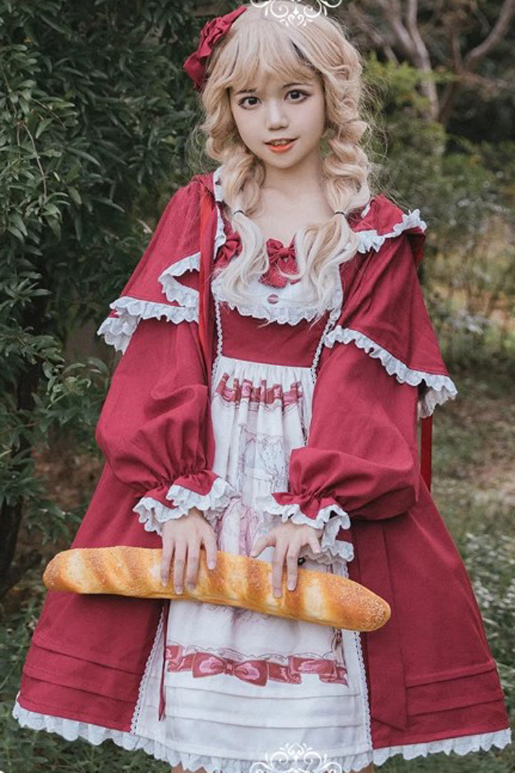 Little Red Riding Hood Red Sleeveless Print Ruffle Bowknot Sweet Princess JSK Dress