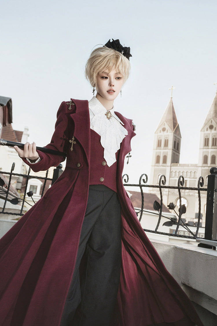 Dracula-Themed Dark Red Gothic Prince Coat with Long Sleeves