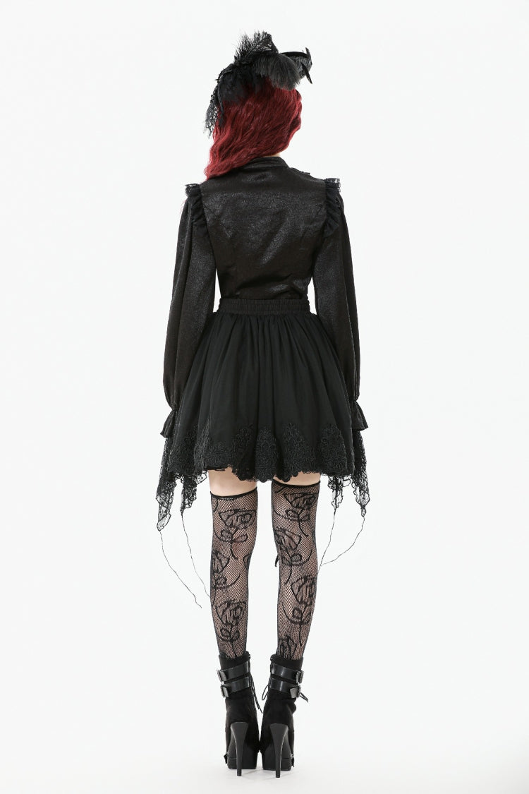 Jet-Black Gothic Blouse with Lantern Sleeves and Ruffled Lace