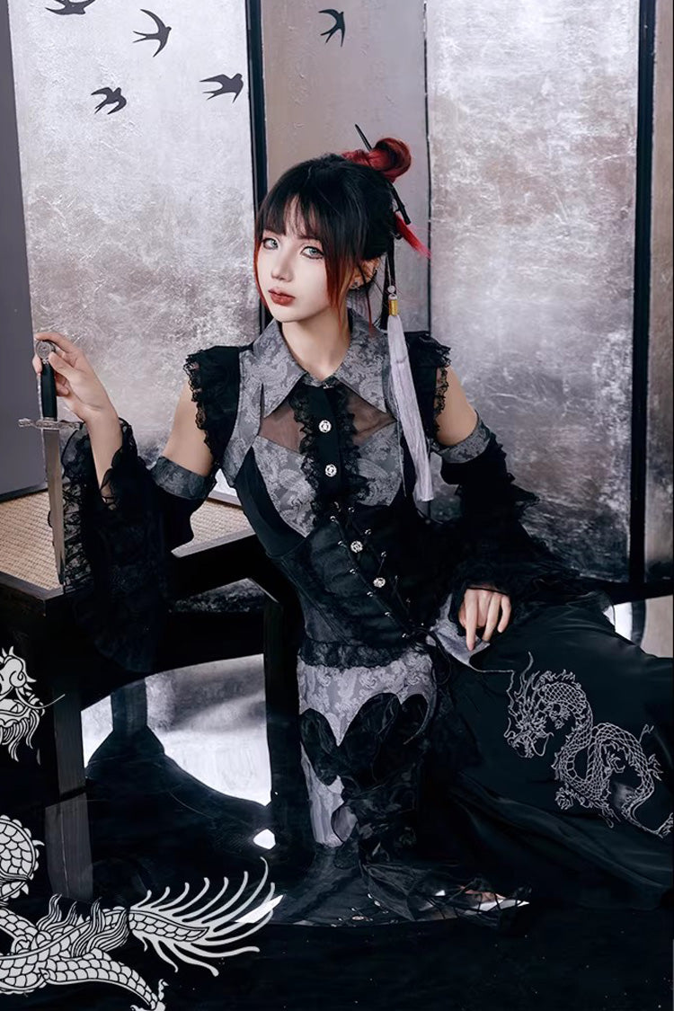 Sky Dragon Chinese Gothic Lolita Embroidered Skirt Set with Print
