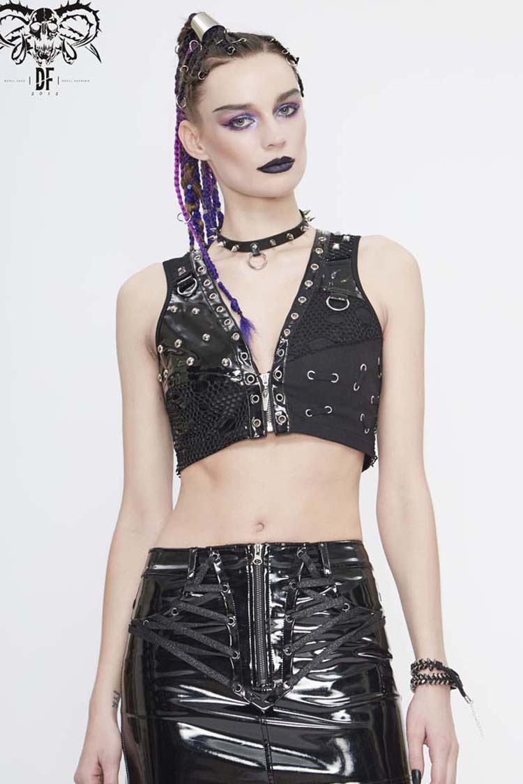 Punk Waistcoat with Leather and Mesh Asymmetrical Design