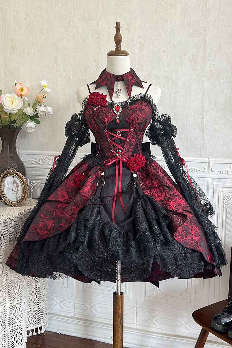 Red Ruffle Embroidery Cardigan Bow Lace Up Gothic Lolita Jsk Dress
