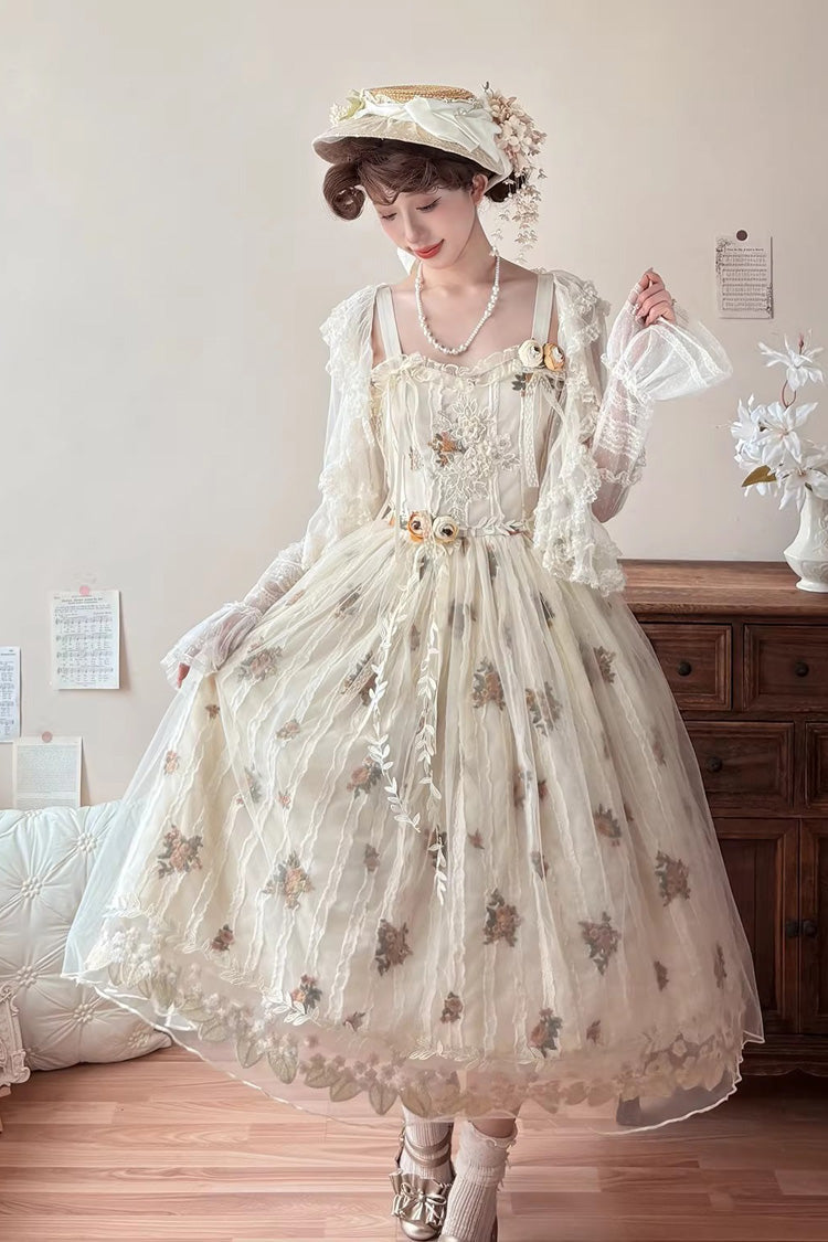 Charming Apricot Embroidered Lace Print Sweet Lolita JSK Dress