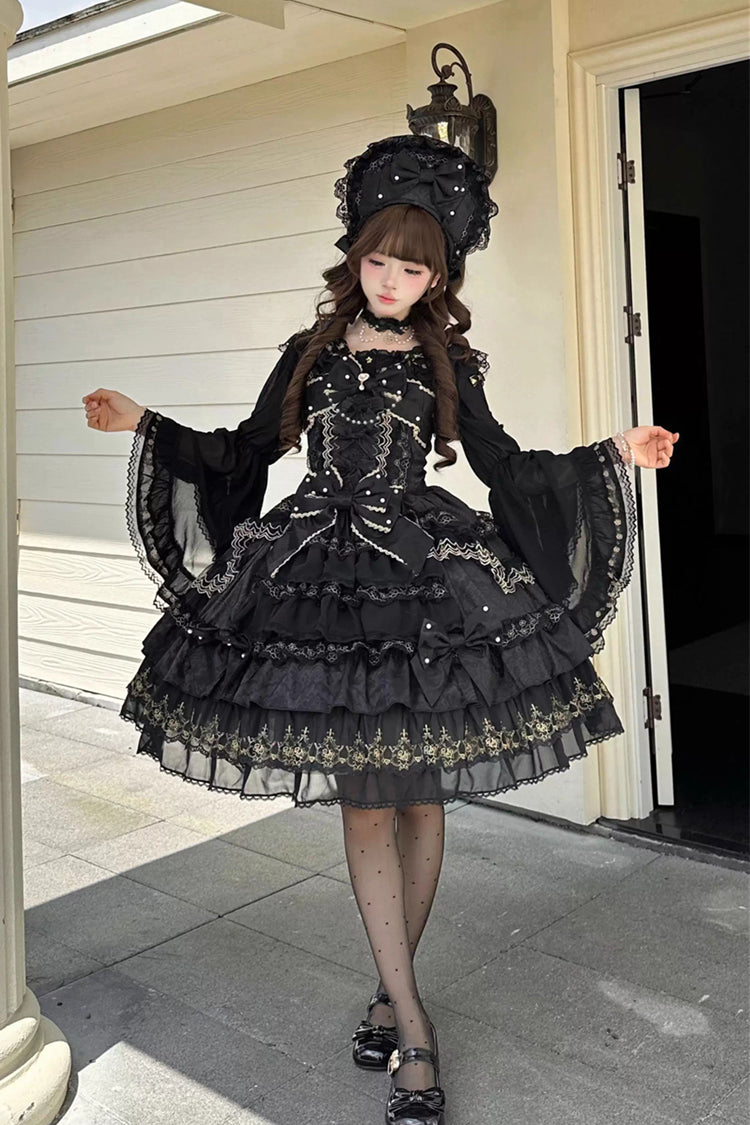 Noir Doll-Style Layered Ruffled Lace Gown - Dream-Sinking Pearl Veil