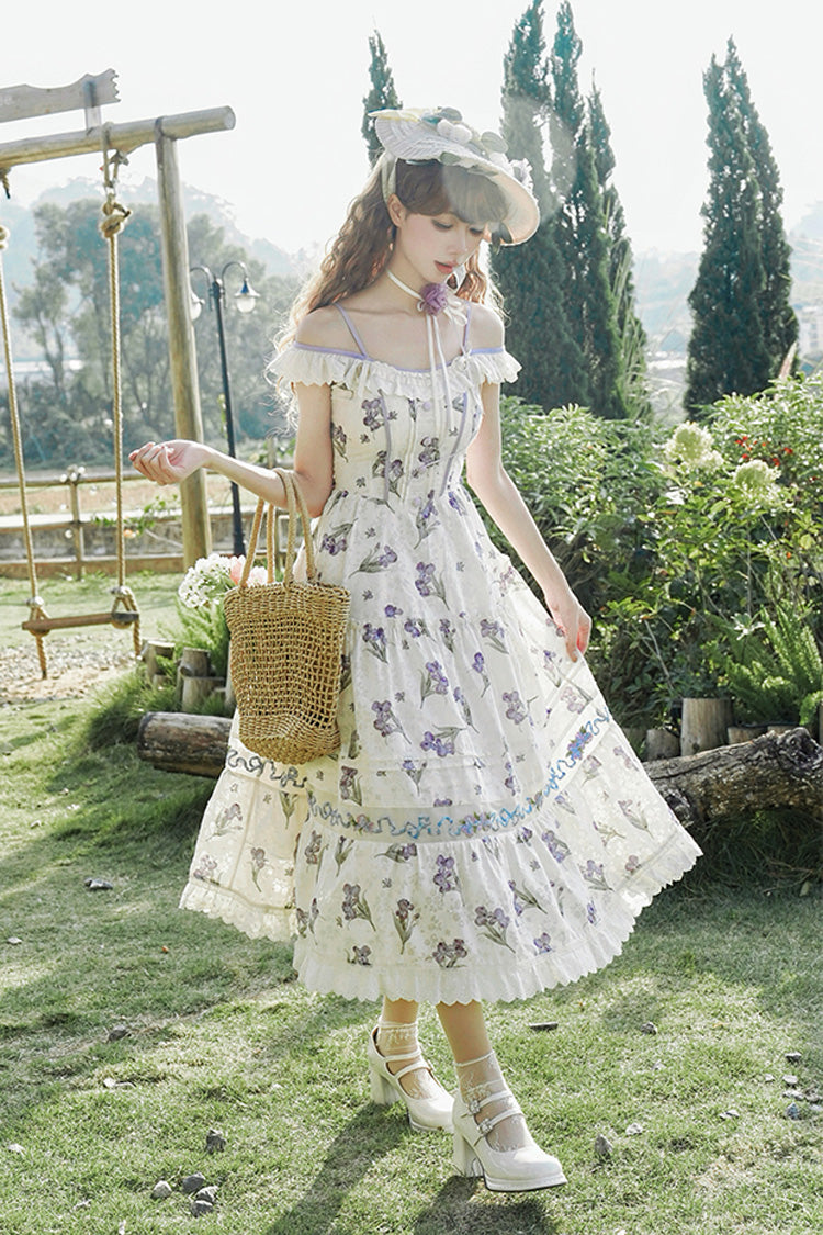 Cream Moonlight Iris Off-Shoulder Print Embroidery Lace Frilled Sweet Lolita JSK Dress