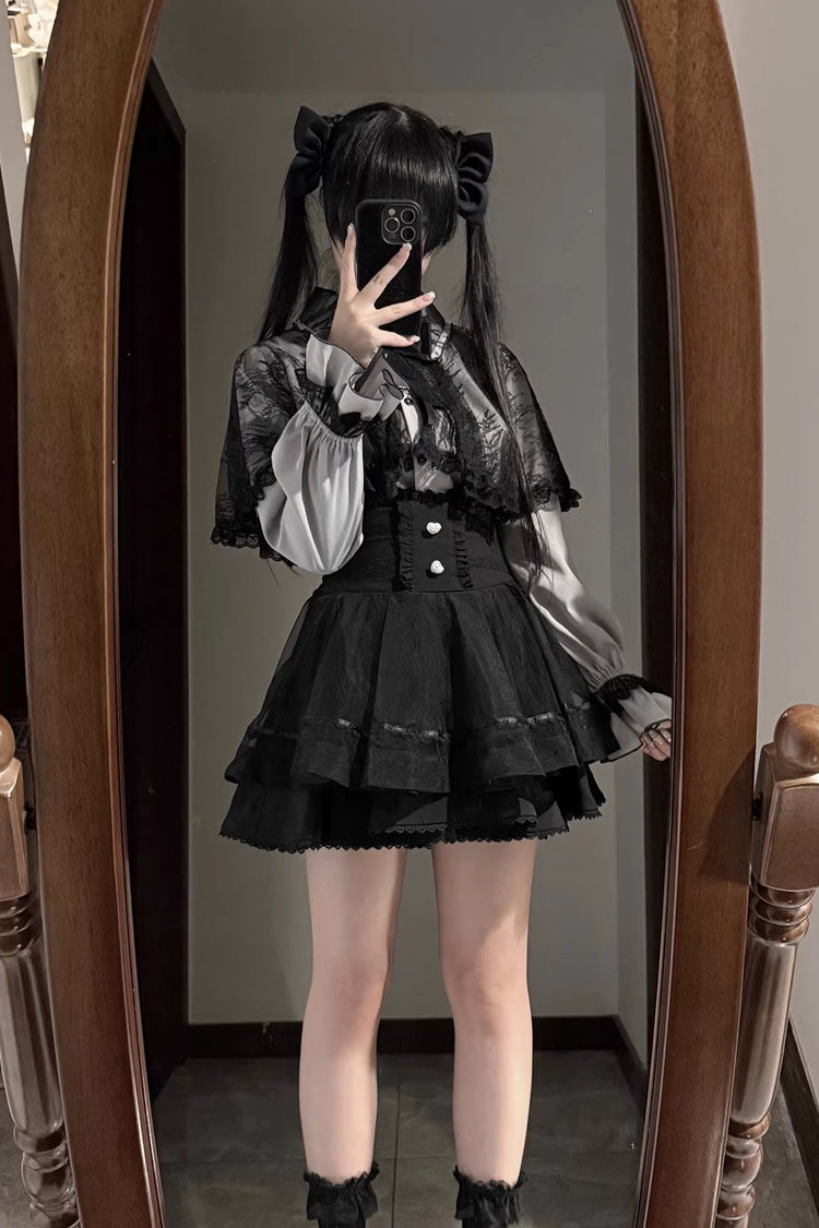 [Law of Disorder] Lapel Collar Long Sleeves Bow Lace Sweet Jirai Kei Skirt and Top 3 Colors