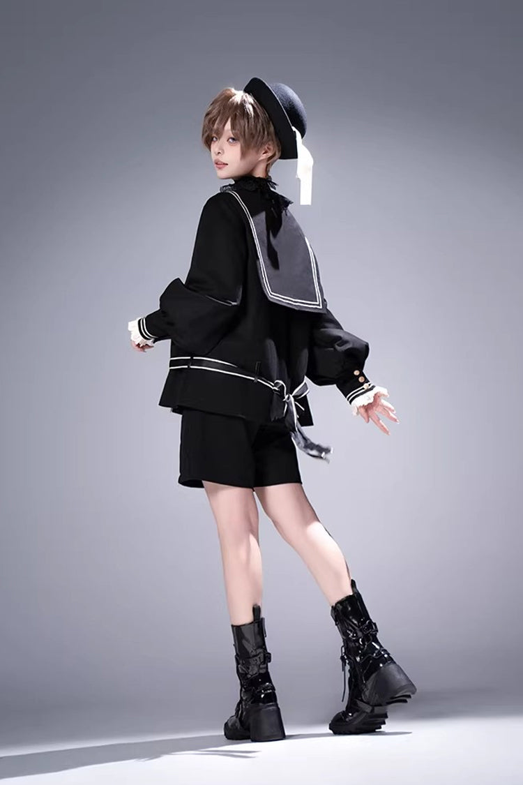 Navy-Collar Long-Sleeve Prince Ouji Short Coat Set in Black
