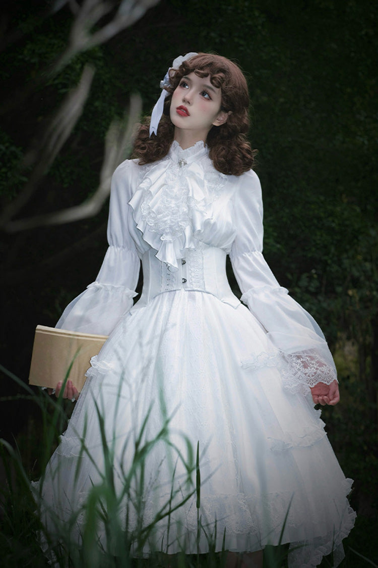 Ivory Stand Collar Long Sleeve Gothic Dress with Lace - Requiem