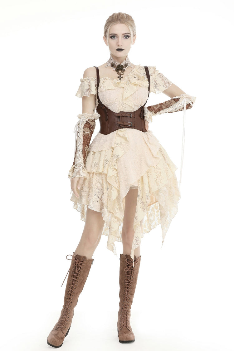 Beige Irregular Multi-Layer Ruffled Lace Steampunk Vintage Dress