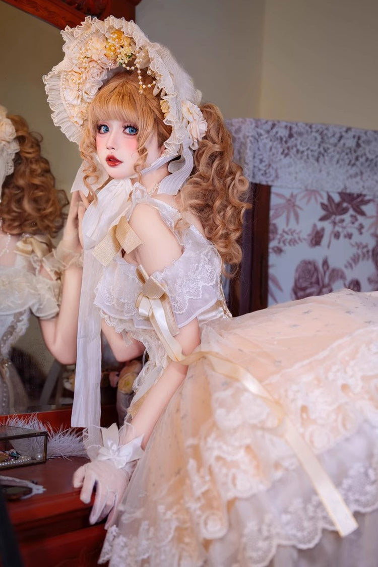Glazed Phantom Off Shoulder Ruffle Hanayome Bow Lace Elegant Lolita Dress in Yellow