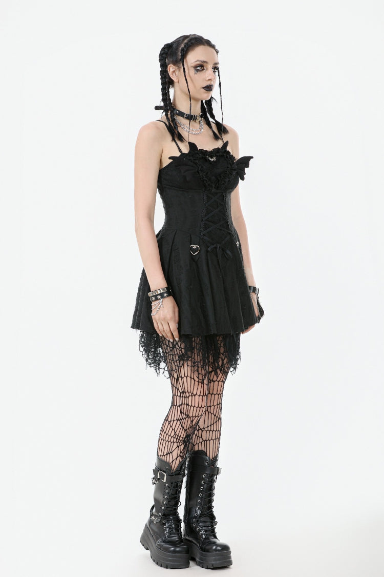 Sleeveless Lace Lace-Up Pleated Gothic Dark Demon Slip Dress