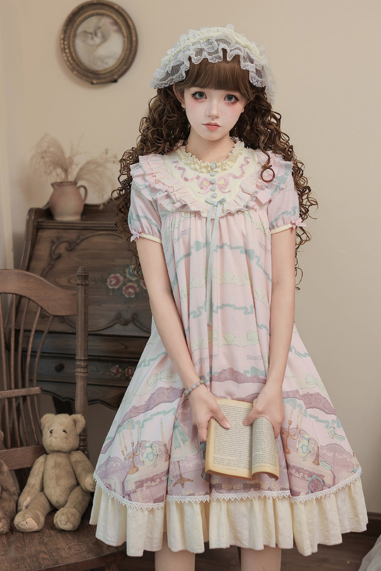 Brown Dollhouse Short Sleeves Bear Printed Ruffled Bow Sweet Lolita Dress Set - Pink