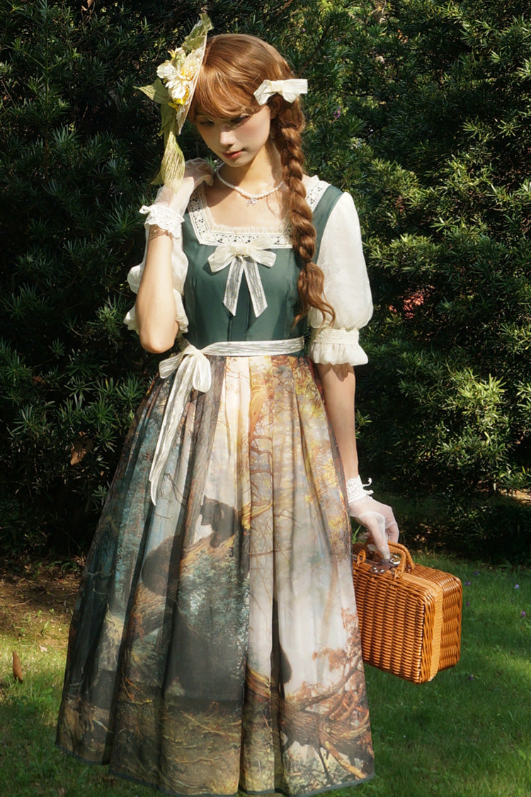 Oil Painting Square-Collar Lolita Dress with Tie-Dye Print