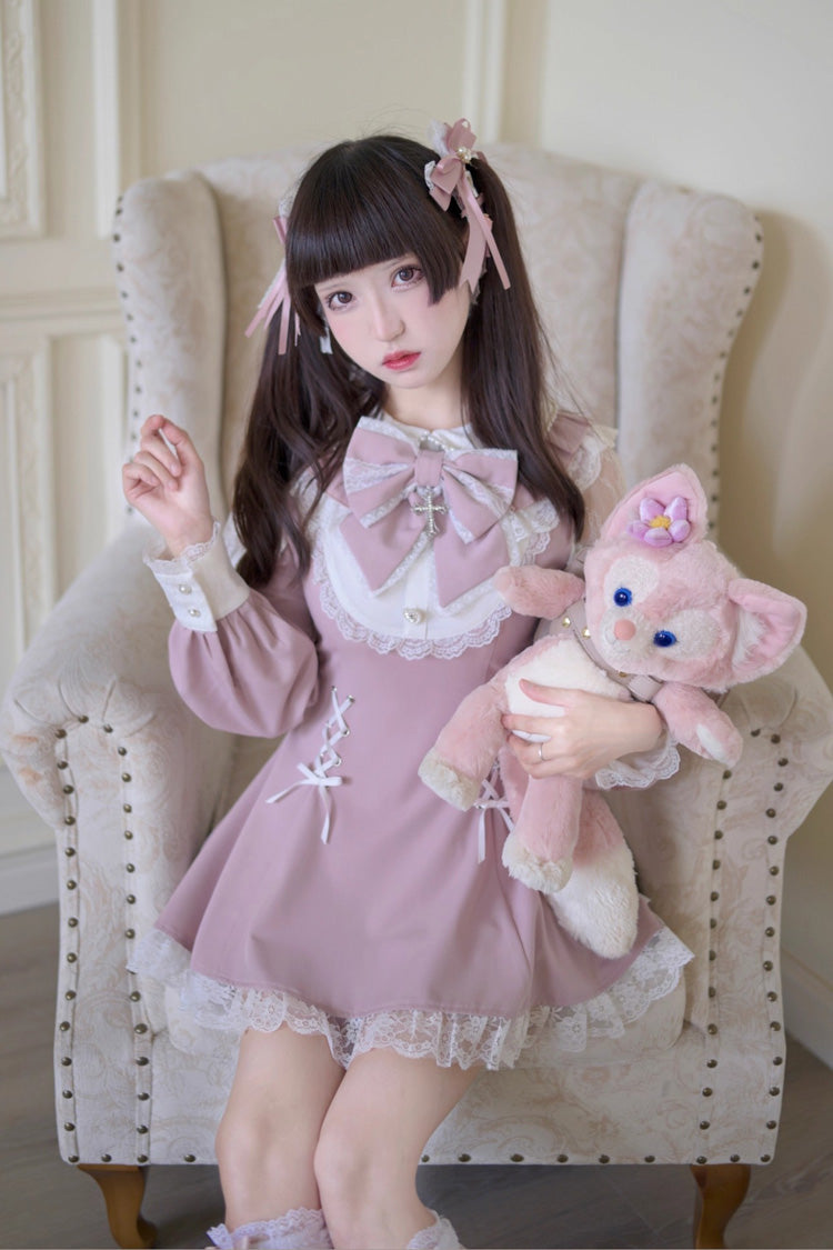 Pink/White [Divine love] Long Sleeves Hollow Bowknot Lace Lace-Up Sweet Jirai Kei Dress Shorts Set