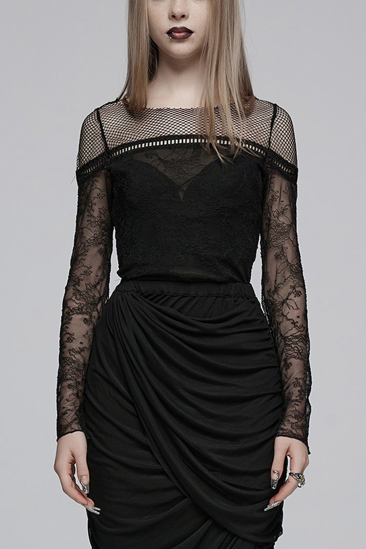 Ebony Crewneck Long-Sleeve Lace-Stitched Slim Fit Gothic Tee for Women