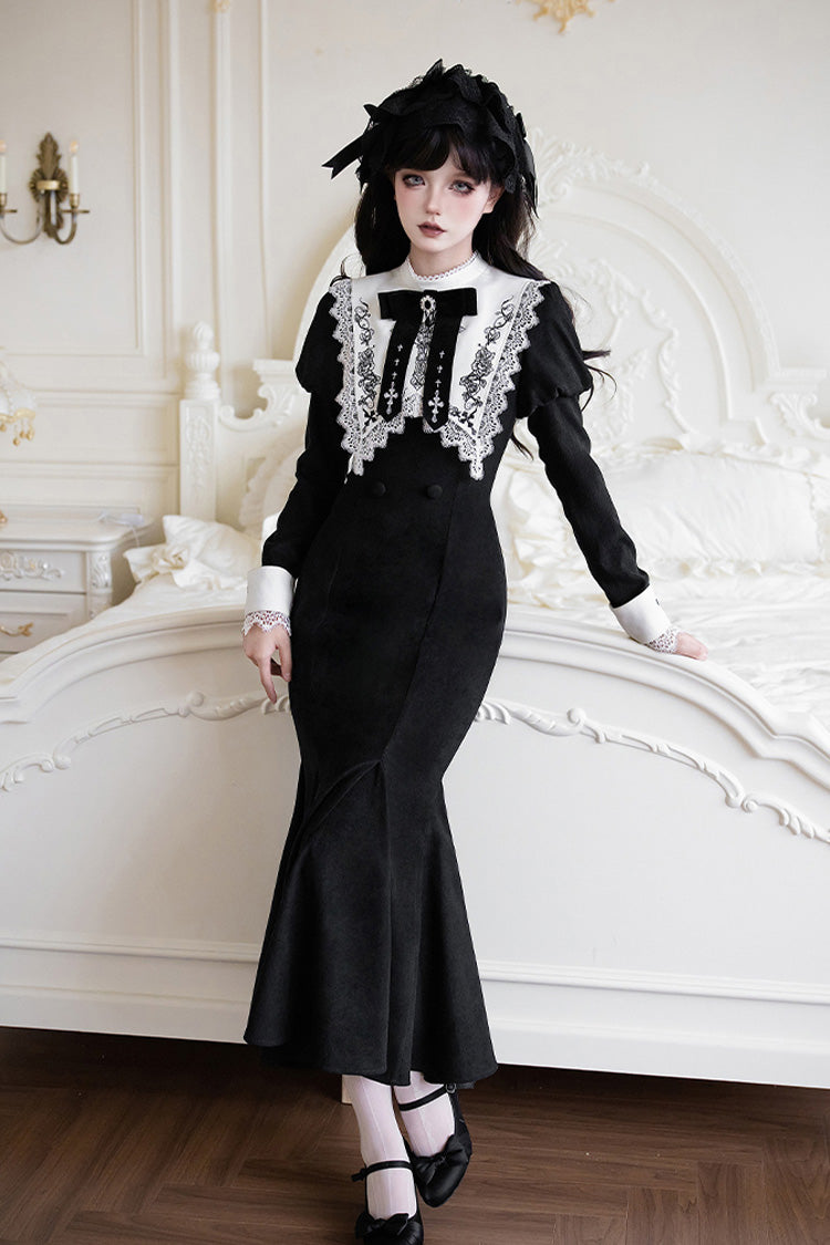 Rose Doll Square Collar Lace-Up Gothic Lolita Dress Set with Bow