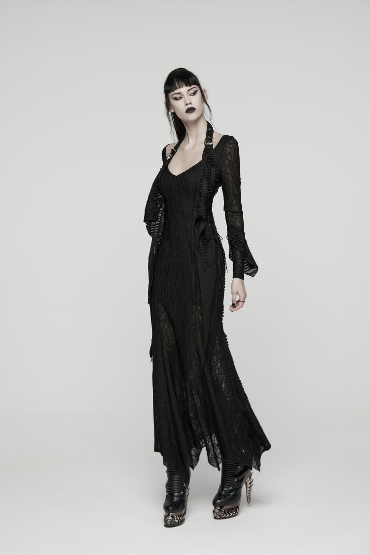 Off Shoulder Halterneck Long Trumpet Sleeves Lace Lace-Up Gothic Punk Dress