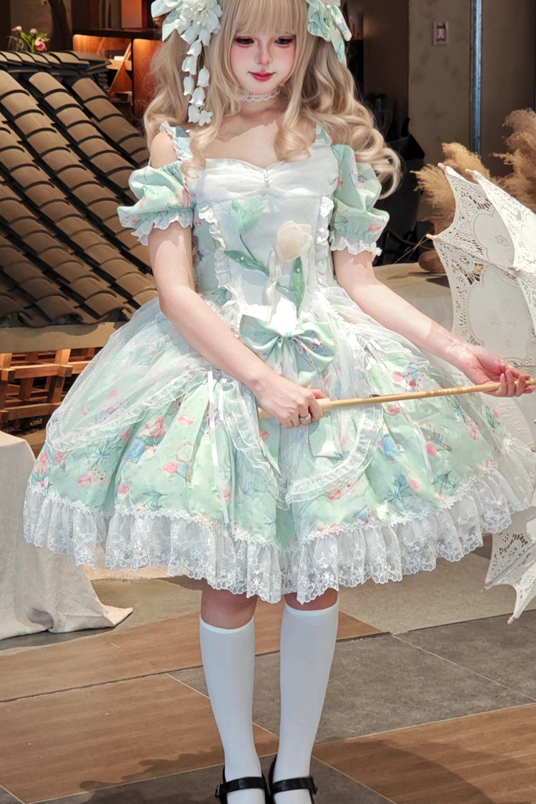 Green Off-Shoulder Print Ruffled Bow Lace Sweet Elegant Dress - Tulip's Letter