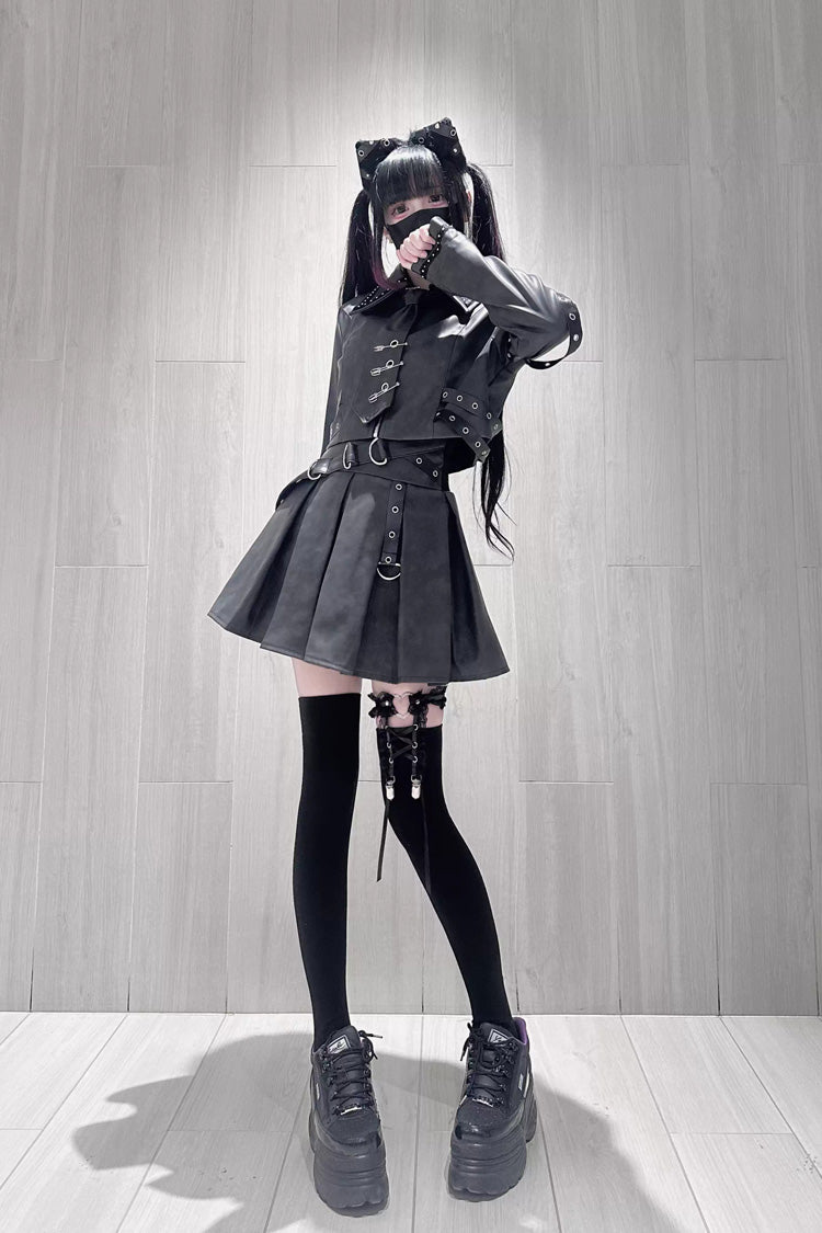Eternal Night Lapel Collar Studded Eyelet Gothic Handsome Top Skirt Set